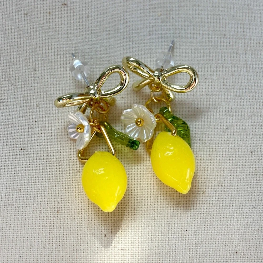Lemon Fruit Flower‎ Blossom Gold Tone Bow Dangle Drop Earrings - Picture 4 of 10